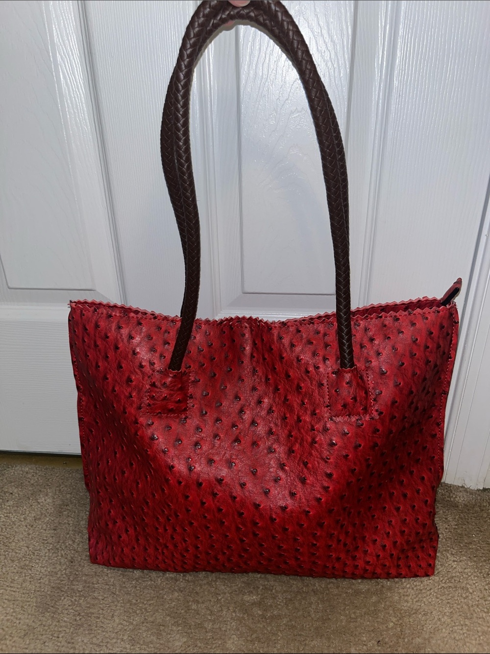 Milan Chiva Red Textured Tote with Braided Brown Shoulder Handles